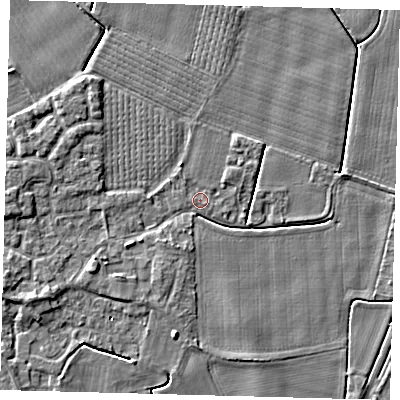 Shaded relief map of the ground around PE203EW, computed from Environment Agency LiDAR. The ground here sits at about 3 m above sea level and falls 4 m across the surrounding 800 m. Surface water reaching this point runs off ground lying to the west-south-west, 0.6 m higher.