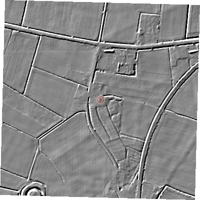Shaded relief map of the ground around PE203EZ, computed from Environment Agency LiDAR. The ground here sits at about 3 m above sea level and falls 5 m across the surrounding 800 m. The ground contributing surface water to this point lies to the west-south-west.