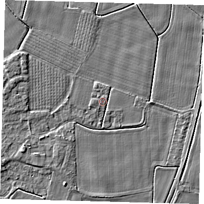 Shaded relief map of the ground around PE203FA, computed from Environment Agency LiDAR. The ground here sits at about 3 m above sea level and falls 4 m across the surrounding 800 m. Surface water reaching this point runs off ground lying to the west-south-west, 2.7 m higher.