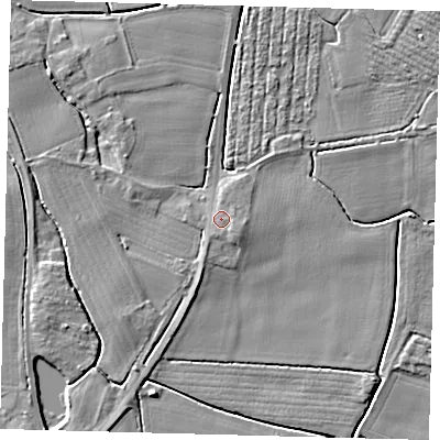 Shaded relief map of the ground around PE203FB, computed from Environment Agency LiDAR. The ground here sits at about 4 m above sea level and falls 4 m across the surrounding 800 m. Surface water reaching this point runs off ground lying to the south-east, 0.9 m higher.