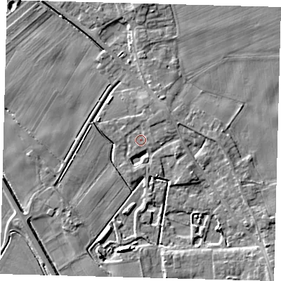 Shaded relief map of the ground around PE203FE, computed from Environment Agency LiDAR. The ground here sits at about 4 m above sea level and falls 5 m across the surrounding 800 m. Surface water reaching this point runs off ground lying to the east-north-east, 0.6 m higher.