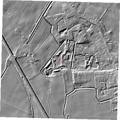 Shaded relief map of the ground around PE203FG, computed from Environment Agency LiDAR. The ground here sits at about 2 m above sea level and falls 5 m across the surrounding 800 m. Surface water reaching this point runs off ground lying to the south-south-west, 4.9 m higher.