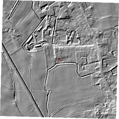 Shaded relief map of the ground around PE203FJ, computed from Environment Agency LiDAR. The ground here sits at about 3 m above sea level and falls 5 m across the surrounding 800 m. Surface water reaching this point runs off ground lying to the east, 3.7 m higher.