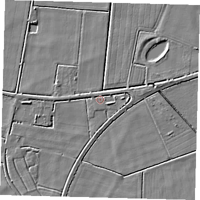 Shaded relief map of the ground around PE203HB, computed from Environment Agency LiDAR. The ground here sits at about 3 m above sea level and falls 4 m across the surrounding 800 m. Surface water reaching this point runs off ground lying to the east-south-east, 3.0 m higher.