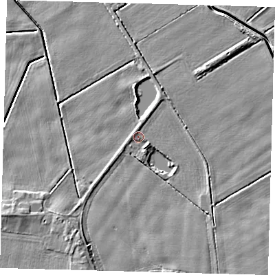 Shaded relief map of the ground around PE203HE, computed from Environment Agency LiDAR. The ground here sits at about 2 m above sea level and falls 5 m across the surrounding 800 m. Surface water reaching this point runs off ground lying to the south-west, 2.1 m higher.