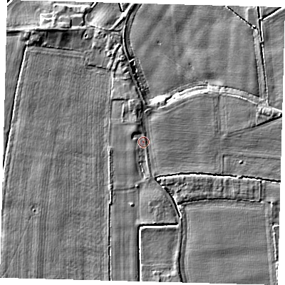 Shaded relief map of the ground around PE203HF, computed from Environment Agency LiDAR. The ground here sits at about 3 m above sea level and falls 4 m across the surrounding 800 m. Surface water reaching this point runs off ground lying to the north-north-west, 1.1 m higher.
