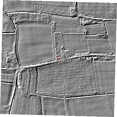 Shaded relief map of the ground around PE203HH, computed from Environment Agency LiDAR. The ground here sits at about 4 m above sea level and falls 3 m across the surrounding 800 m. The ground contributing surface water to this point lies to the north-west.