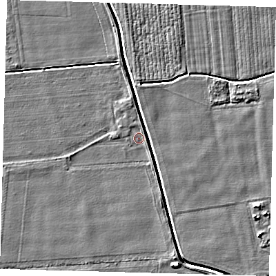 Shaded relief map of the ground around PE203HJ, computed from Environment Agency LiDAR. The ground here sits at about 3 m above sea level and falls 6 m across the surrounding 800 m. Surface water reaching this point runs off ground lying to the north-north-east, 0.7 m higher.