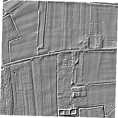 Shaded relief map of the ground around PE203HL, computed from Environment Agency LiDAR. The ground here sits at about 3 m above sea level and falls 3 m across the surrounding 800 m. Surface water reaching this point runs off ground lying to the north-west, 1.0 m higher.