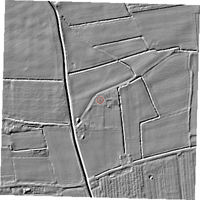 Shaded relief map of the ground around PE203HN, computed from Environment Agency LiDAR. The ground here sits at about 3 m above sea level and falls 5 m across the surrounding 800 m. The ground contributing surface water to this point lies to the west-south-west.