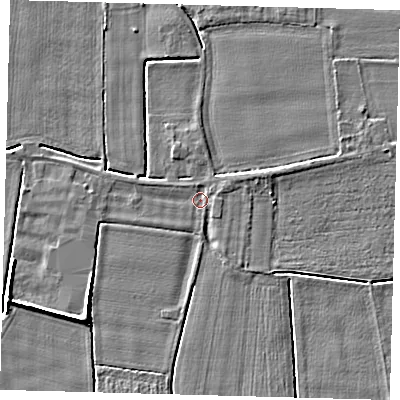 Shaded relief map of the ground around PE203HQ, computed from Environment Agency LiDAR. The ground here sits at about 3 m above sea level and falls 5 m across the surrounding 800 m. Surface water reaching this point runs off ground lying to the east-north-east, 1.2 m higher.