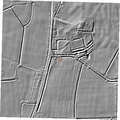 Shaded relief map of the ground around PE203HR, computed from Environment Agency LiDAR. The ground here sits at about 3 m above sea level and falls 4 m across the surrounding 800 m. Surface water reaching this point runs off ground lying to the south-south-west, 3.3 m higher.