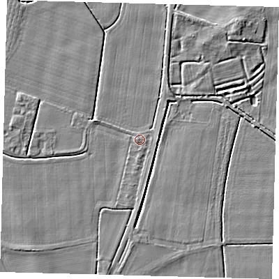 Shaded relief map of the ground around PE203HS, computed from Environment Agency LiDAR. The ground here sits at about 3 m above sea level and falls 4 m across the surrounding 800 m. Surface water reaching this point runs off ground lying to the south, 1.2 m higher.