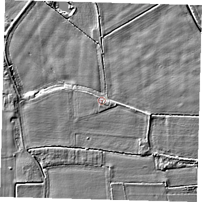 Shaded relief map of the ground around PE203HW, computed from Environment Agency LiDAR. The ground here sits at about 3 m above sea level and falls 4 m across the surrounding 800 m. Surface water reaching this point runs off ground lying to the south-east, 1.1 m higher.