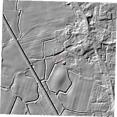 Shaded relief map of the ground around PE203HZ, computed from Environment Agency LiDAR. The ground here sits at about 3 m above sea level and falls 5 m across the surrounding 800 m. Surface water reaching this point runs off ground lying to the south-east, 4.7 m higher.