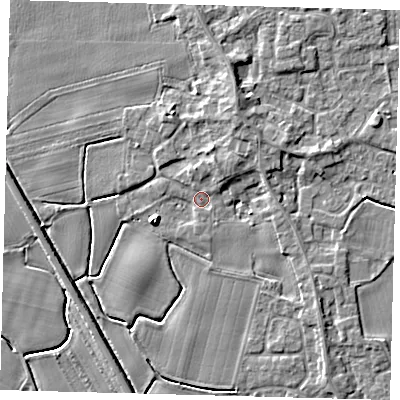 Shaded relief map of the ground around PE203JA, computed from Environment Agency LiDAR. The ground here sits at about 4 m above sea level and falls 5 m across the surrounding 800 m. Surface water reaching this point runs off ground lying to the north-north-east, 2.5 m higher.