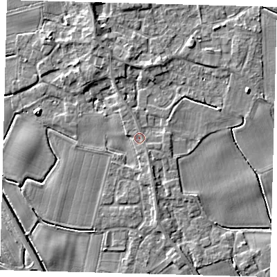 Shaded relief map of the ground around PE203JD, computed from Environment Agency LiDAR. The ground here sits at about 5 m above sea level and falls 5 m across the surrounding 800 m. Surface water reaching this point runs off ground lying to the south-east, 0.9 m higher.