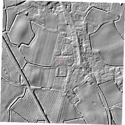 Shaded relief map of the ground around PE203JE, computed from Environment Agency LiDAR. The ground here sits at about 4 m above sea level and falls 6 m across the surrounding 800 m. Surface water reaching this point runs off ground lying to the north-east, 1.7 m higher.