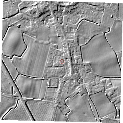 Shaded relief map of the ground around PE203JF, computed from Environment Agency LiDAR. The ground here sits at about 4 m above sea level and falls 6 m across the surrounding 800 m. Surface water reaching this point runs off ground lying to the east-north-east, 1.3 m higher.