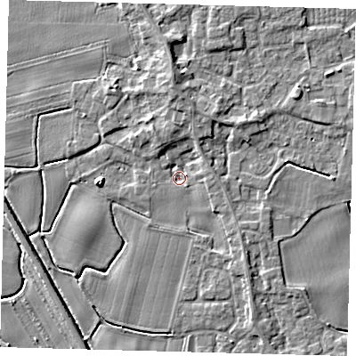 Shaded relief map of the ground around PE203JH, computed from Environment Agency LiDAR. The ground here sits at about 3 m above sea level and falls 5 m across the surrounding 800 m. Surface water reaching this point runs off ground lying to the east-north-east, 1.4 m higher.