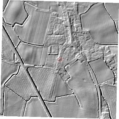 Shaded relief map of the ground around PE203JJ, computed from Environment Agency LiDAR. The ground here sits at about 4 m above sea level and falls 5 m across the surrounding 800 m. The ground contributing surface water to this point lies to the west-south-west.