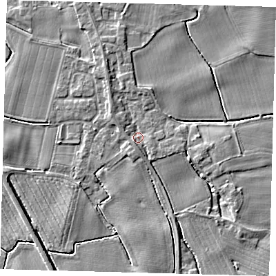 Shaded relief map of the ground around PE203JL, computed from Environment Agency LiDAR. The ground here sits at about 4 m above sea level and falls 4 m across the surrounding 800 m. Surface water reaching this point runs off ground lying to the south, 1.5 m higher.