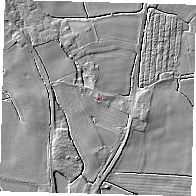 Shaded relief map of the ground around PE203JN, computed from Environment Agency LiDAR. The ground here sits at about 4 m above sea level and falls 4 m across the surrounding 800 m. Surface water reaching this point runs off ground lying to the north-north-west, 0.6 m higher.