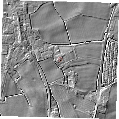 Shaded relief map of the ground around PE203JP, computed from Environment Agency LiDAR. The ground here sits at about 5 m above sea level and falls 4 m across the surrounding 800 m. Surface water reaching this point runs off ground lying to the south, 0.9 m higher.