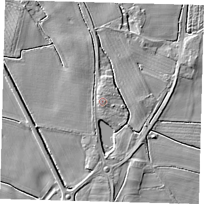 Shaded relief map of the ground around PE203JR, computed from Environment Agency LiDAR. The ground here sits at about 5 m above sea level and falls 4 m across the surrounding 800 m. Surface water reaching this point runs off ground lying to the east-north-east, 1.2 m higher.