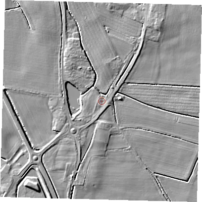 Shaded relief map of the ground around PE203JU, computed from Environment Agency LiDAR. The ground here sits at about 4 m above sea level and falls 5 m across the surrounding 800 m. Surface water reaching this point runs off ground lying to the north-east, 2.6 m higher.