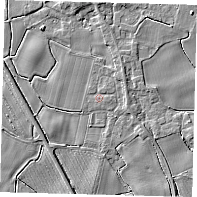 Shaded relief map of the ground around PE203JW, computed from Environment Agency LiDAR. The ground here sits at about 4 m above sea level and falls 6 m across the surrounding 800 m. Surface water reaching this point runs off ground lying to the north-east, 1.9 m higher.