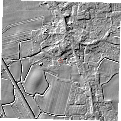 Shaded relief map of the ground around PE203JX, computed from Environment Agency LiDAR. The ground here sits at about 4 m above sea level and falls 5 m across the surrounding 800 m. Surface water reaching this point runs off ground lying to the north, 1.7 m higher.