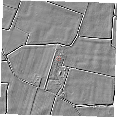 Shaded relief map of the ground around PE203JY, computed from Environment Agency LiDAR. The ground here sits at about 3 m above sea level and falls 4 m across the surrounding 800 m. Surface water reaching this point runs off ground lying to the north-north-east, 0.6 m higher.