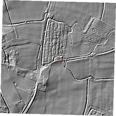 Shaded relief map of the ground around PE203JZ, computed from Environment Agency LiDAR. The ground here sits at about 4 m above sea level and falls 4 m across the surrounding 800 m. Surface water reaching this point runs off ground lying to the south-south-west, 3.1 m higher.
