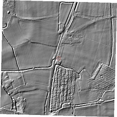 Shaded relief map of the ground around PE203LA, computed from Environment Agency LiDAR. The ground here sits at about 4 m above sea level and falls 4 m across the surrounding 800 m. Surface water reaching this point runs off ground lying to the north-north-west, 2.7 m higher.