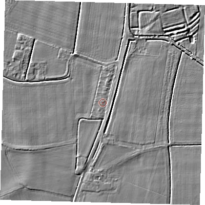 Shaded relief map of the ground around PE203LB, computed from Environment Agency LiDAR. The ground here sits at about 4 m above sea level and falls 4 m across the surrounding 800 m. The ground contributing surface water to this point lies to the east.
