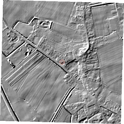 Shaded relief map of the ground around PE203LP, computed from Environment Agency LiDAR. The ground here sits at about 3 m above sea level and falls 5 m across the surrounding 800 m. Surface water reaching this point runs off ground lying to the north-north-east, 1.2 m higher.