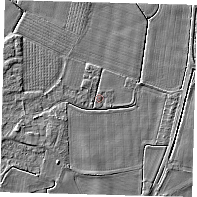 Shaded relief map of the ground around PE203LQ, computed from Environment Agency LiDAR. The ground here sits at about 3 m above sea level and falls 4 m across the surrounding 800 m. Surface water reaching this point runs off ground lying to the west-south-west, 2.6 m higher.