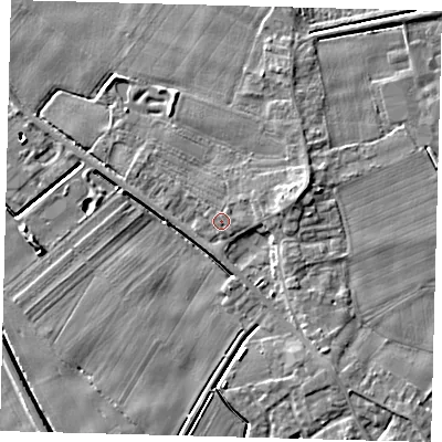 Shaded relief map of the ground around PE203LS, computed from Environment Agency LiDAR. The ground here sits at about 4 m above sea level and falls 5 m across the surrounding 800 m. Surface water reaching this point runs off ground lying to the east, 1.2 m higher.
