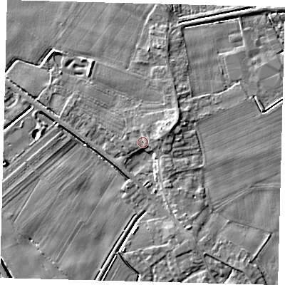 Shaded relief map of the ground around PE203LZ, computed from Environment Agency LiDAR. The ground here sits at about 4 m above sea level and falls 5 m across the surrounding 800 m. Surface water reaching this point runs off ground lying to the east, 2.5 m higher.