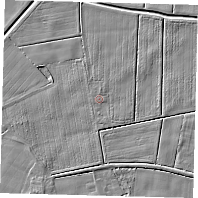 Shaded relief map of the ground around PE203ND, computed from Environment Agency LiDAR. The ground here sits at about 3 m above sea level and falls 5 m across the surrounding 800 m. Surface water reaching this point runs off ground lying to the south-south-west, 1.1 m higher.