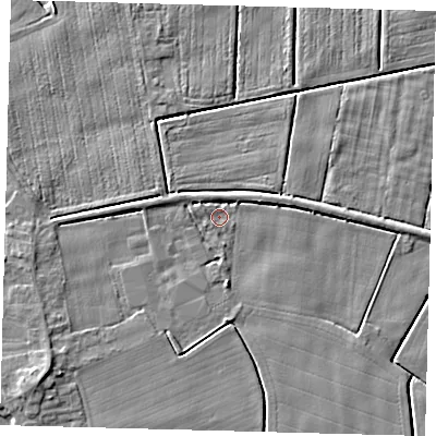Shaded relief map of the ground around PE203NE, computed from Environment Agency LiDAR. The ground here sits at about 2 m above sea level and falls 5 m across the surrounding 800 m. Surface water reaching this point runs off ground lying to the west-north-west, 0.7 m higher.
