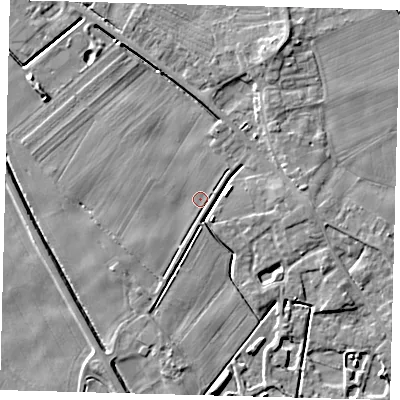 Shaded relief map of the ground around PE203NG, computed from Environment Agency LiDAR. The ground here sits at about 3 m above sea level and falls 5 m across the surrounding 800 m. Surface water reaching this point runs off ground lying to the south-west, 1.9 m higher.