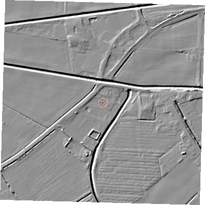 Shaded relief map of the ground around PE203NL, computed from Environment Agency LiDAR. The ground here sits at about 3 m above sea level and falls 6 m across the surrounding 800 m. Surface water reaching this point runs off ground lying to the west-north-west, 1.1 m higher.