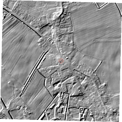 Shaded relief map of the ground around PE203NZ, computed from Environment Agency LiDAR. The ground here sits at about 4 m above sea level and falls 5 m across the surrounding 800 m. Surface water reaching this point runs off ground lying to the east-south-east, 0.6 m higher.