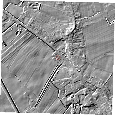 Shaded relief map of the ground around PE203PD, computed from Environment Agency LiDAR. The ground here sits at about 3 m above sea level and falls 5 m across the surrounding 800 m. Surface water reaching this point runs off ground lying to the north-west, 3.1 m higher.