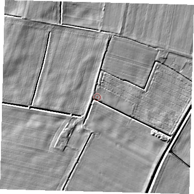 Shaded relief map of the ground around PE203PG, computed from Environment Agency LiDAR. The ground here sits at about 2 m above sea level and falls 4 m across the surrounding 800 m. Surface water reaching this point runs off ground lying to the south, 3.1 m higher.