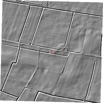 Shaded relief map of the ground around PE203PQ, computed from Environment Agency LiDAR. The ground here sits at about 2 m above sea level and falls 3 m across the surrounding 800 m. Surface water reaching this point runs off ground lying to the east-north-east, 0.8 m higher.