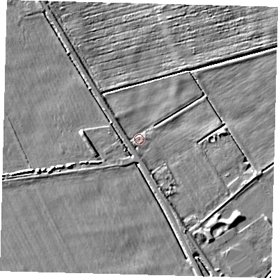 Shaded relief map of the ground around PE203PS, computed from Environment Agency LiDAR. The ground here sits at about 3 m above sea level and falls 5 m across the surrounding 800 m. Surface water reaching this point runs off ground lying to the south-west, 1.2 m higher.