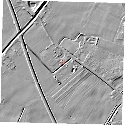 Shaded relief map of the ground around PE203PW, computed from Environment Agency LiDAR. The ground here sits at about 3 m above sea level and falls 6 m across the surrounding 800 m. Surface water reaching this point runs off ground lying to the north-west, 3.2 m higher.
